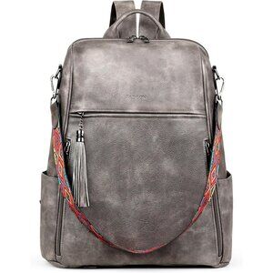 Women's Grey  Retro Style Backpack Designer 15.6 inch PU Leather Laptop Bags